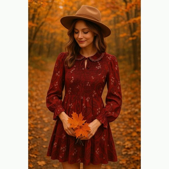 Abercrombie & Fitch Women Paisley Smocked Dress Size S Red Boho Chic Romantic - Picture 1 of 13